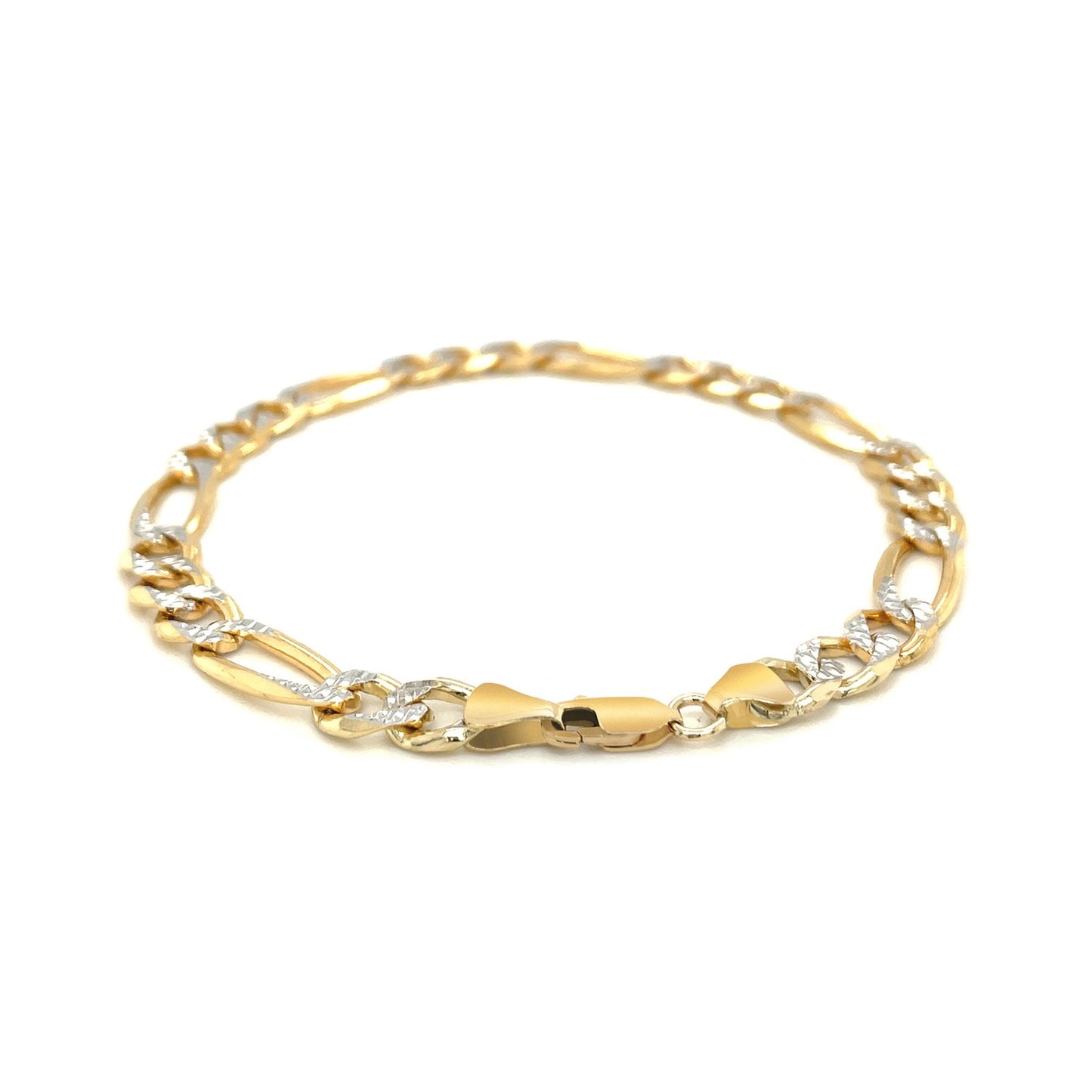 14K Yellow Two Tone Solid Pave Figaro Bracelet (7.00 mm)