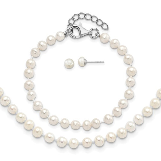 Sterling Silver Rhodium-plated Polished 4-5mm Semi-round Freshwater Cultured Pearl 14in Necklace with 1in Ext., 5in Bracelet and Earring Set