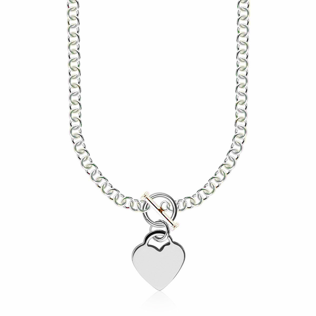 Sterling Silver Rhodium Plated Rolo Chain Necklace with a Heart Toggle Charm