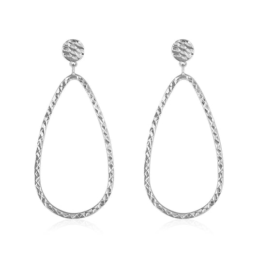 14k White Gold Textured Teardrop Motif Post Earrings