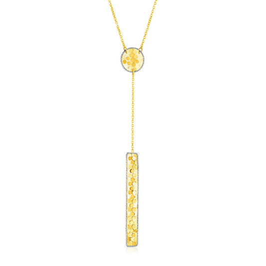 14k Two Tone Gold Lariat Necklace with Textured Circle and Bar