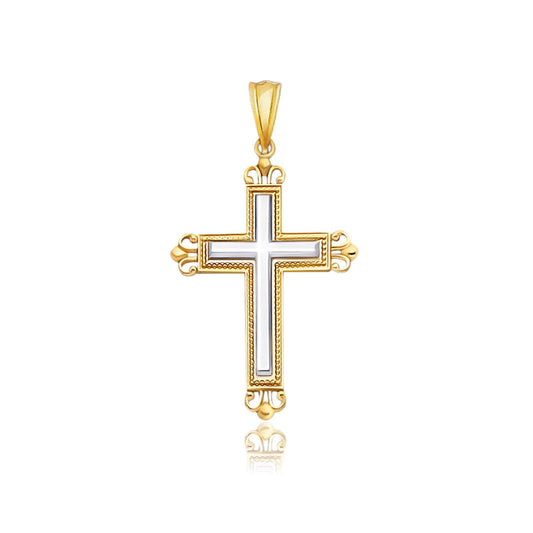 14k Two-Tone Gold Cross Pendant with an Ornate Budded Style