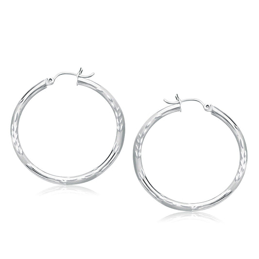 14k White Gold Fancy Diamond Cut Hoop Earrings (35mm Diameter)