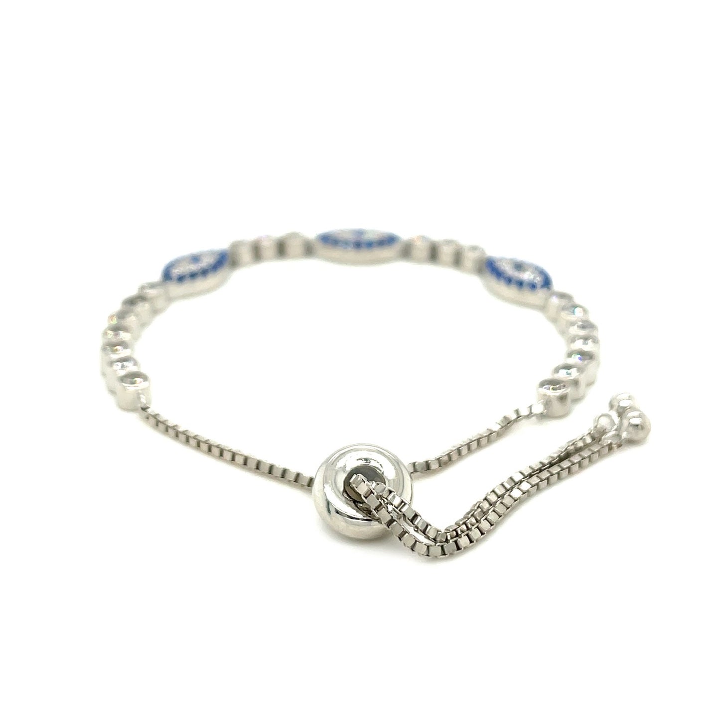 Sterling Silver Adjustable Enameled Evil Eye Bracelet with Cubic Zirconias