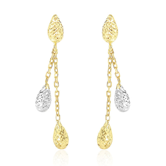 14k Two-Tone Gold Double Row Chain Earrings with Diamond Cut Teardrops