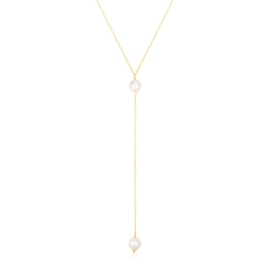 14k Yellow Gold Lariat Necklace with Pearls