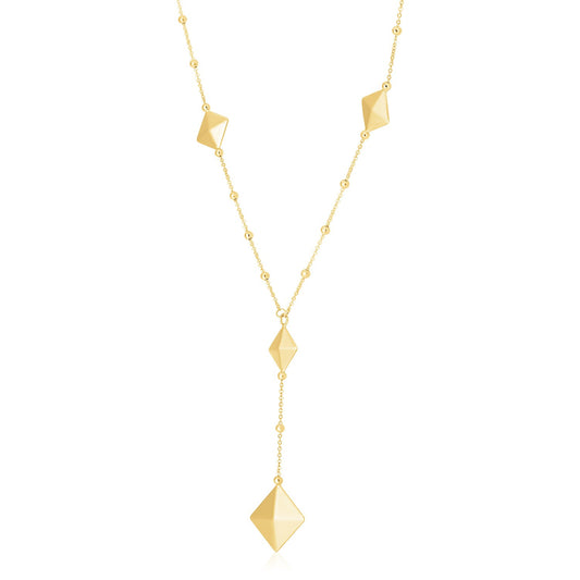 14k Yellow Gold High Polish Pyramid Station Lariat Drop Necklace