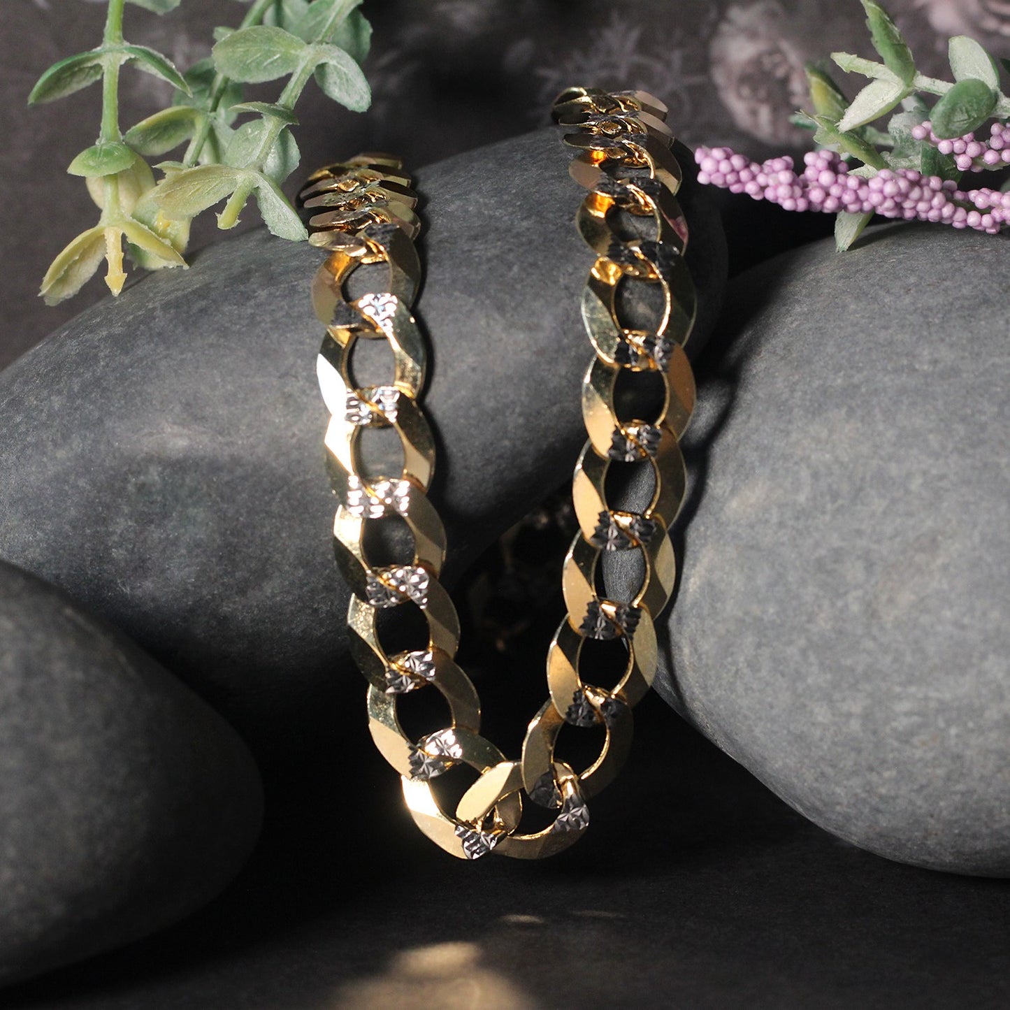 11.23 mm 14k Two Tone Gold Pave Curb Chain