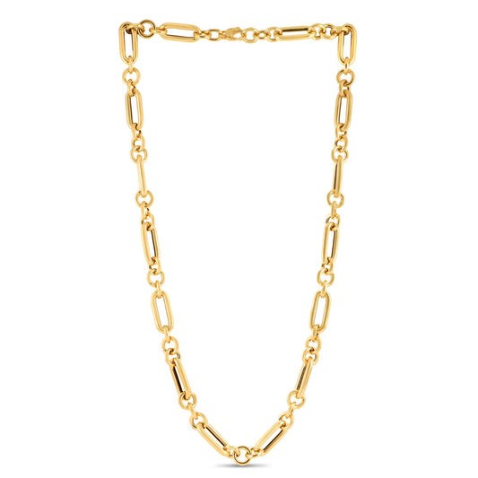 14k Yellow Gold Italian Alternating Paperclip Round Links Chain Necklace