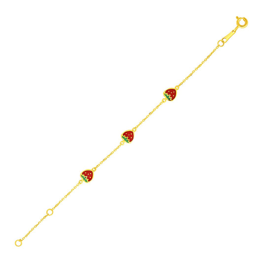 14k Yellow Gold 5 1/2 inch Childrens Bracelet with Enameled Strawberries