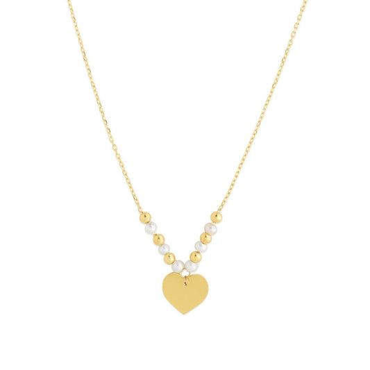 14k Yellow Gold High Polish Beaded Pearl Heart Drop Pallina Necklace