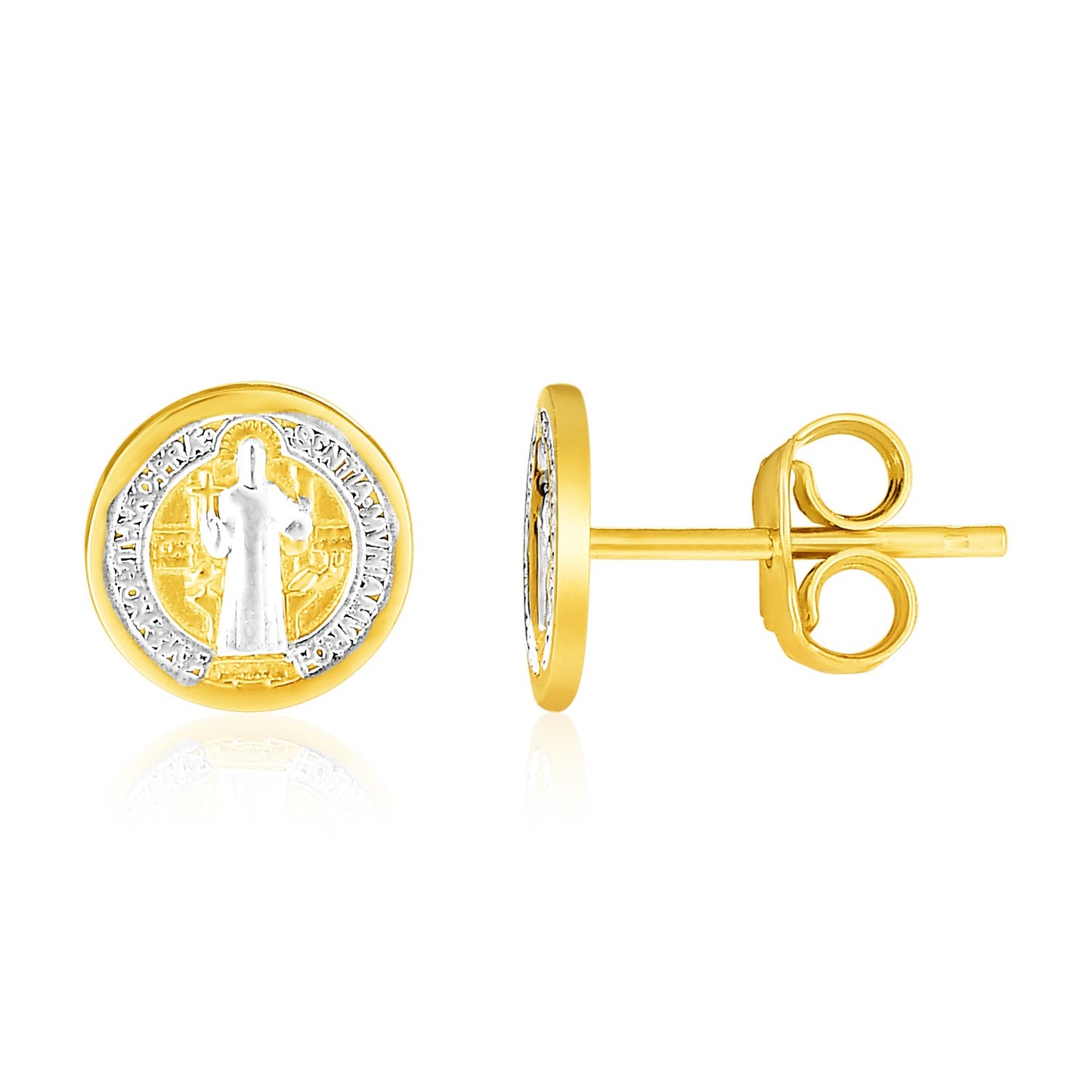 14k Two Tone Gold Round Religious Medallion Post Earrings