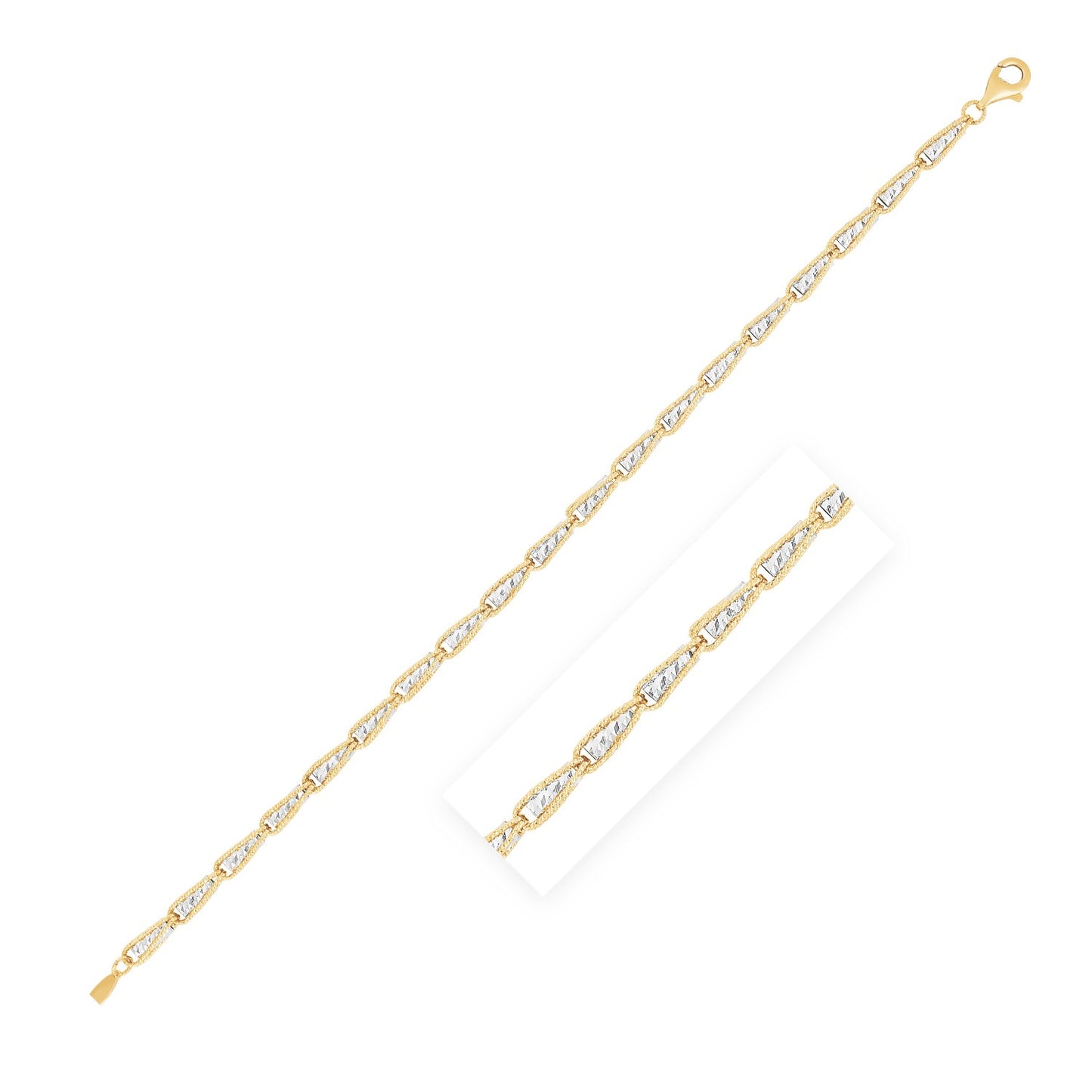 14k Two Tone Gold High Polish Diamond Cut Link Chain Bracelet