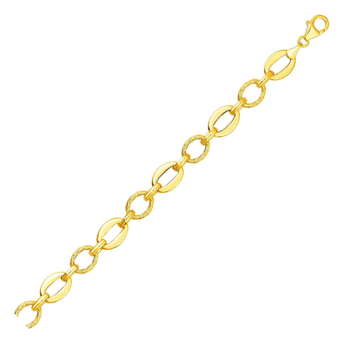 Shiny and Textured Oval Link Bracelet in 14k Yellow Gold