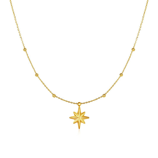 14k Yellow Gold Necklace with Eight Pointed Star and Beads