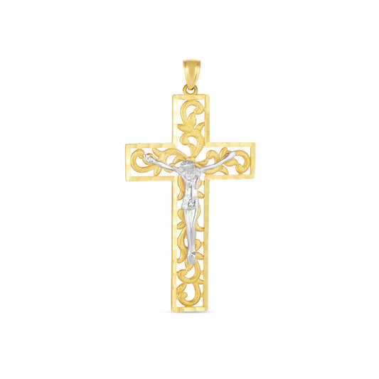 14k Two Tone Gold High Polish Diamond Cut Cross Pendant