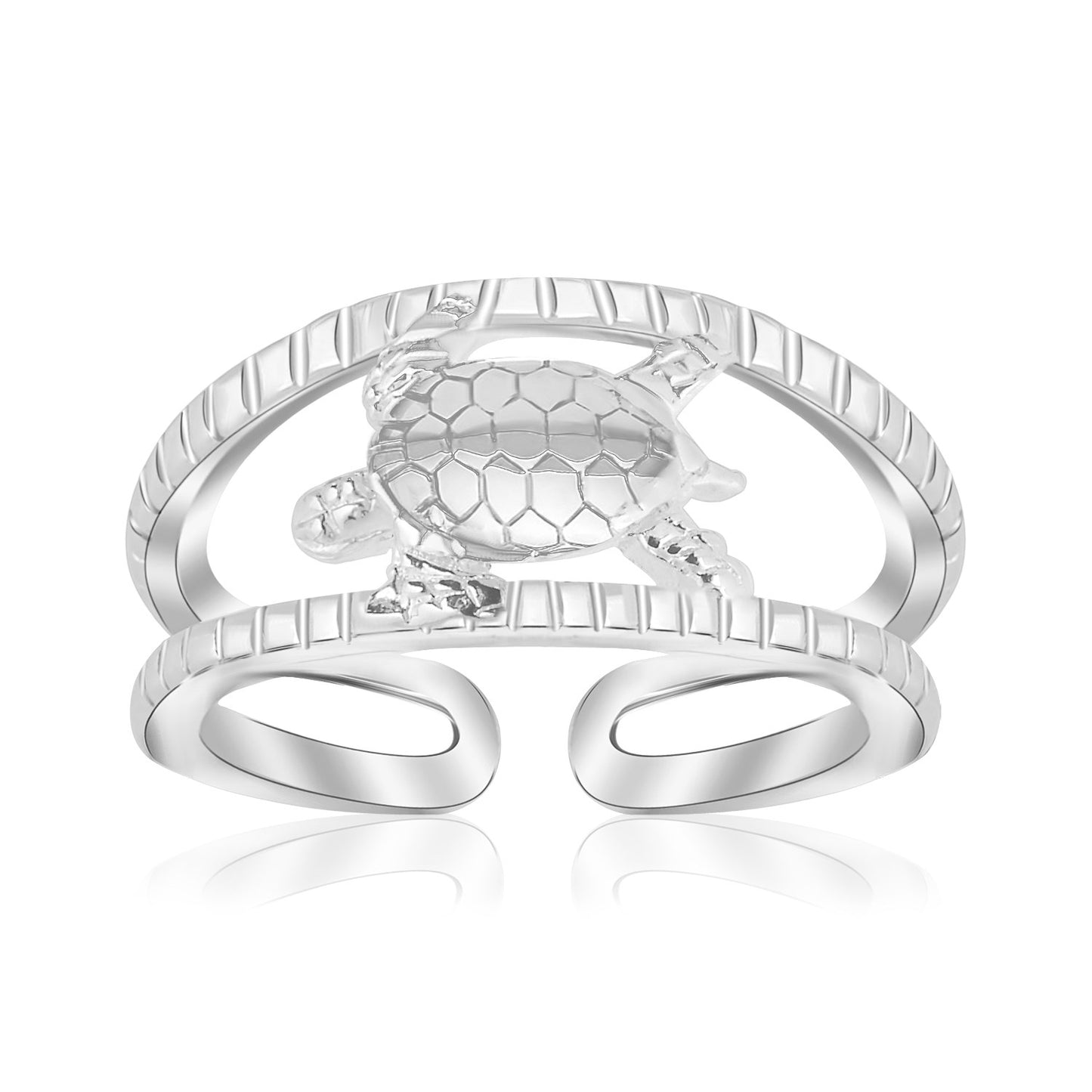 Sterling Silver Rhodium Plated Open Toe Ring with a Turtle Accent